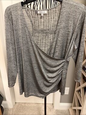 Jennifer Lopez Gray Faux-Wrap V-Neck Draped Blouse